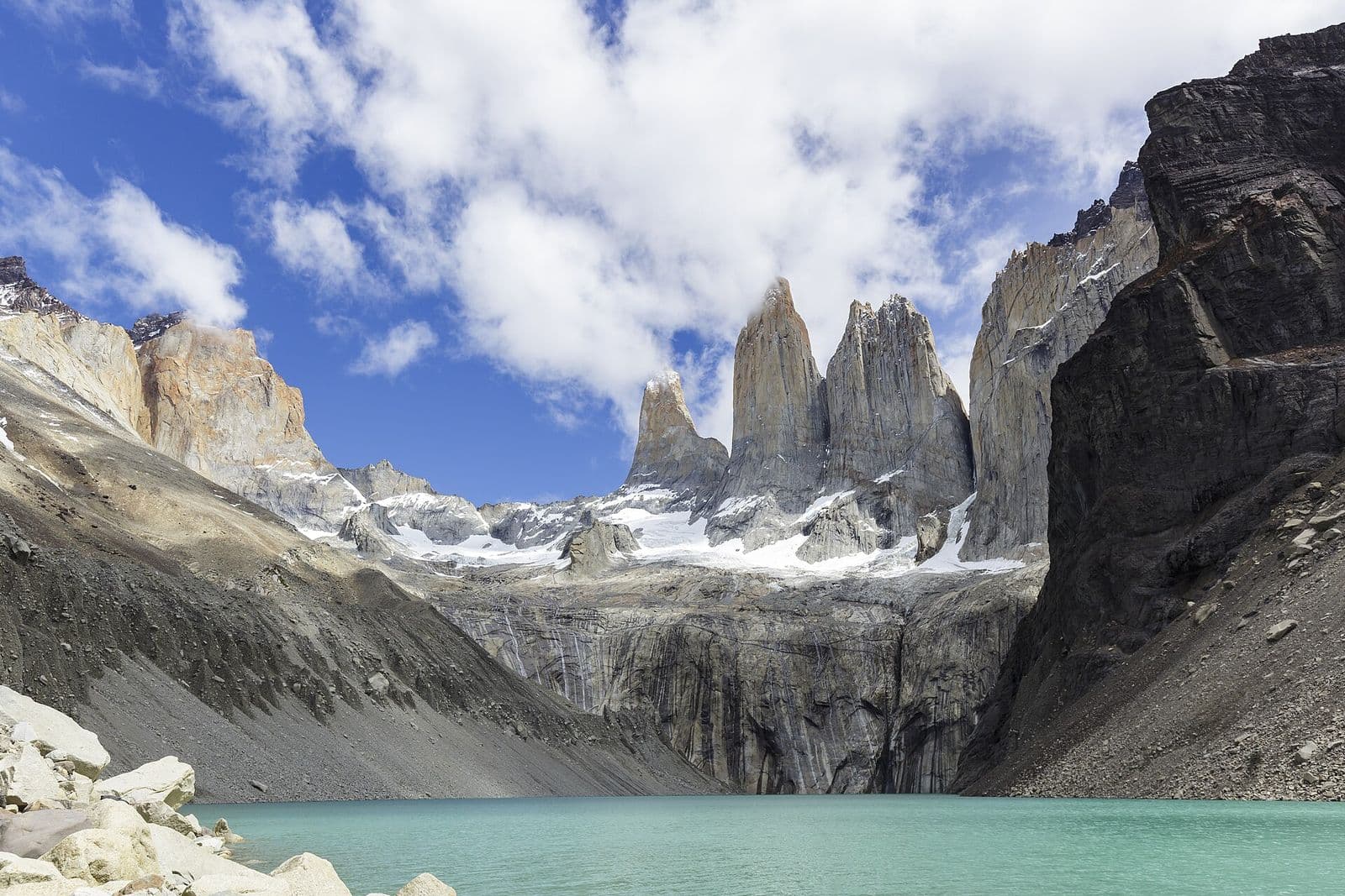 The granite towers of Torres del Paine above a glacial valley